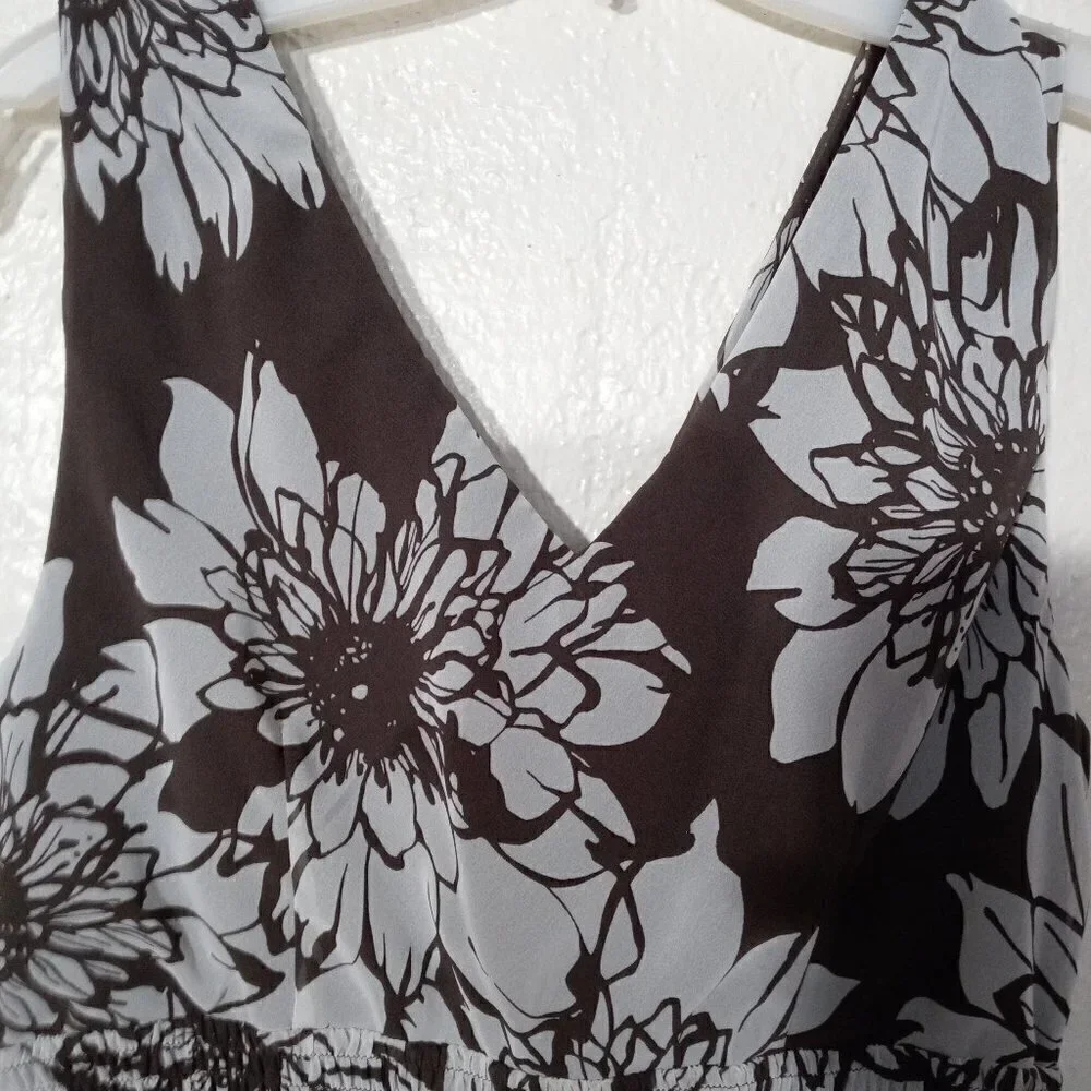 VINTAGE TWYLA BLU BROWN AND WHITE FLORAL SHEER LINED SLEEVELESS DRESS. SIZE 12 - Picture 3 of 6
